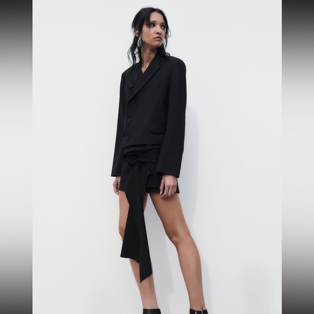 NWT ZARA Black Cropped Wool Blend Blazer Sz S